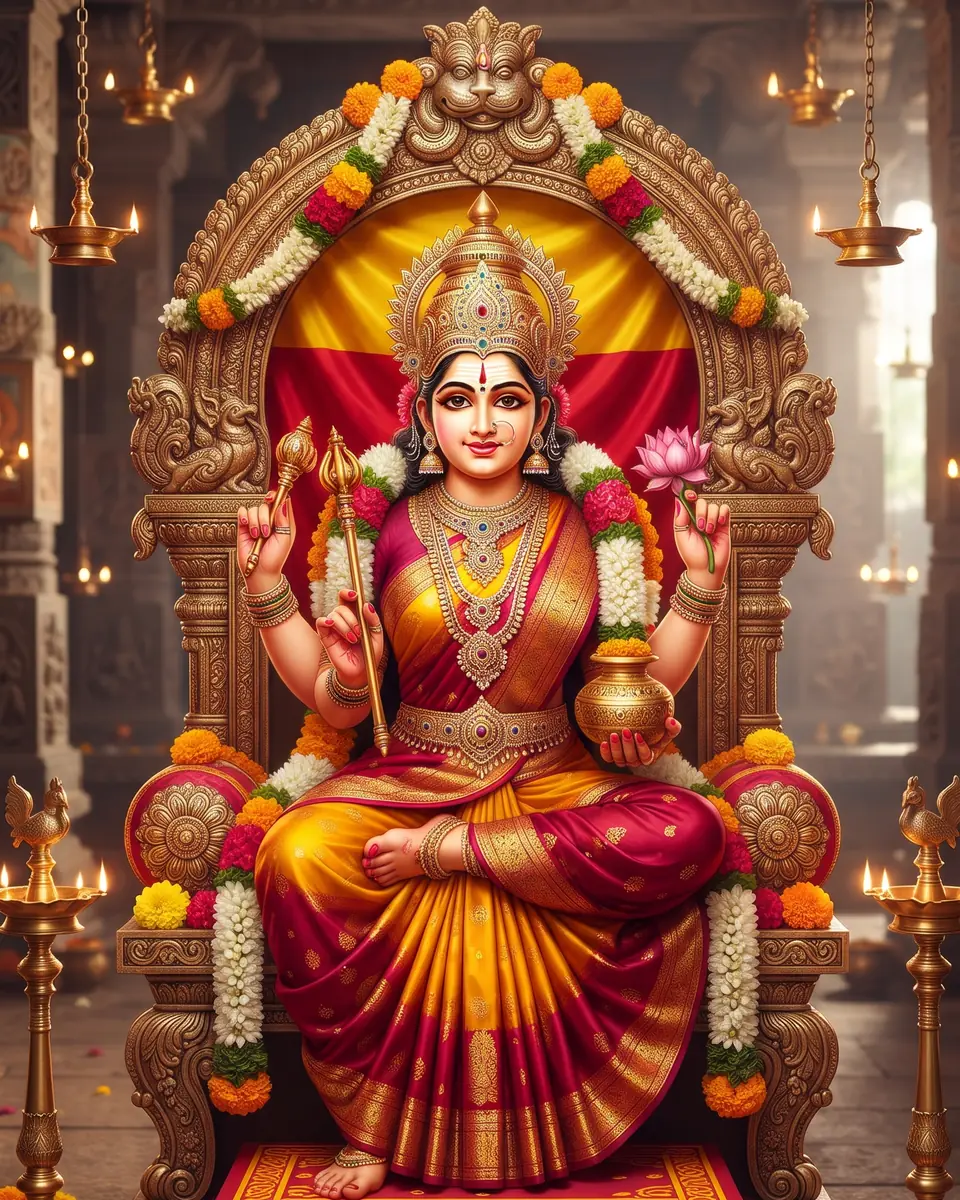 Illustration of Taayi Bhuvaneshwari seated on a carved throne, before a yellow and red drape