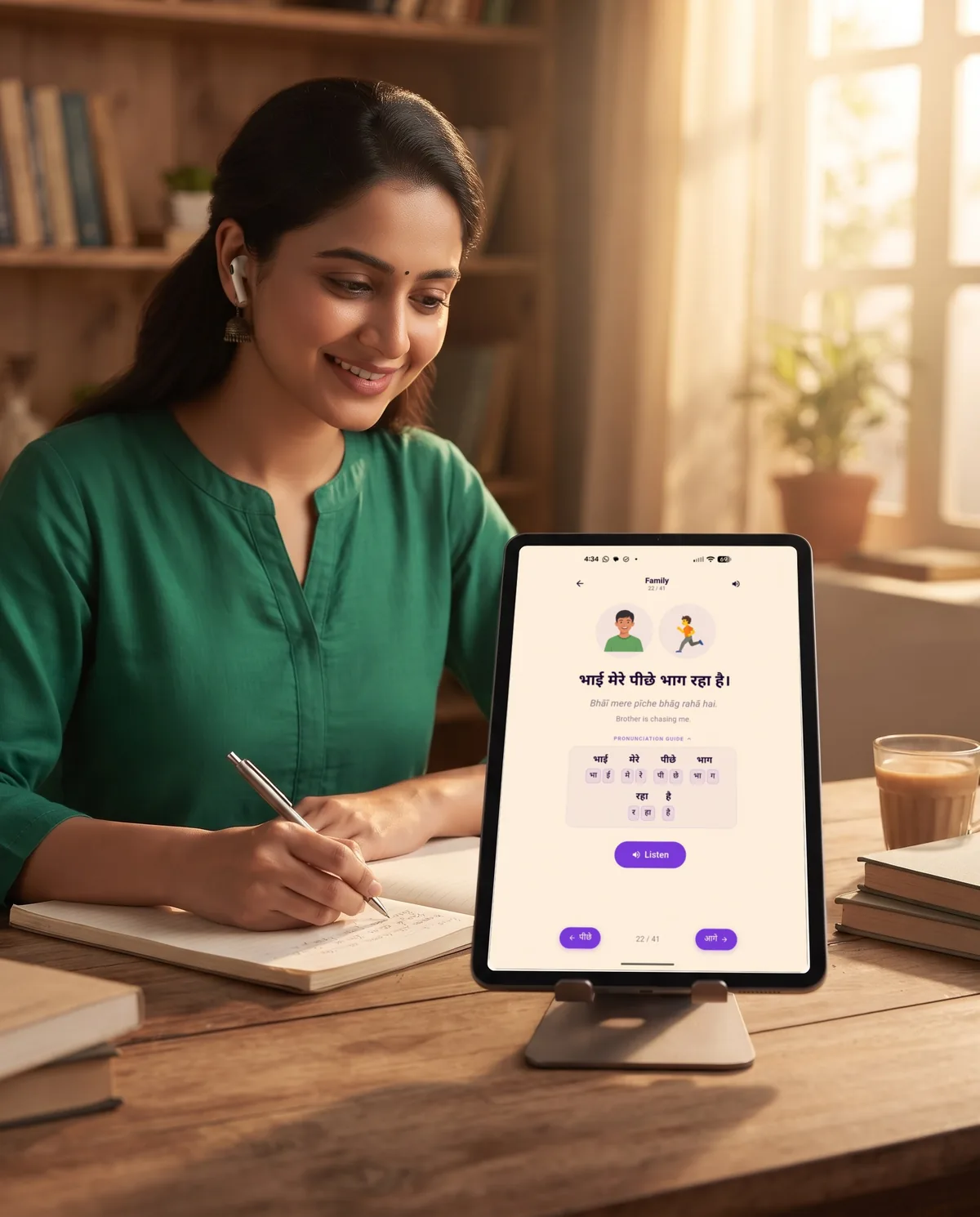 A young woman with earbuds taking notes while practising a Hindi conversation in Aksharamaala on an iPad