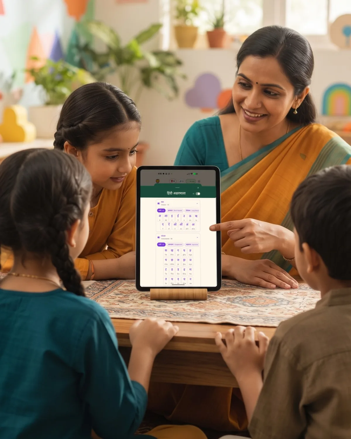 A teacher and three children around a classroom table exploring the Hindi alphabet in Aksharamaala on an iPad