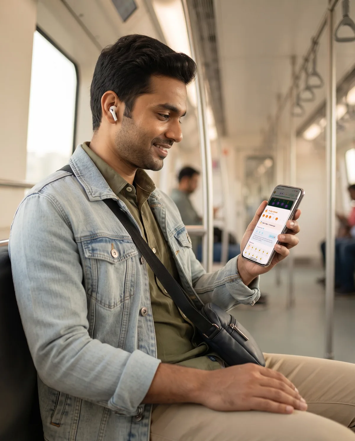 An adult practising with Aksharamaala on a phone during their daily commute