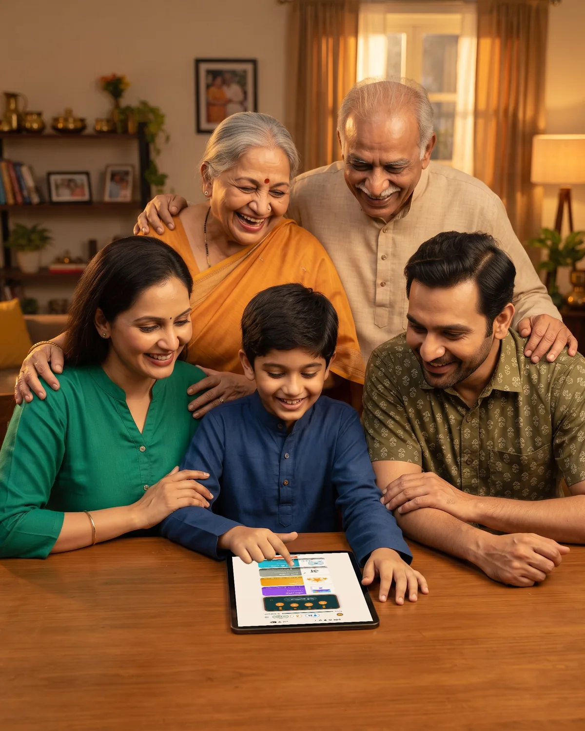 Three generations of a family gathered around a table, smiling at the Aksharamaala home screen on an iPad