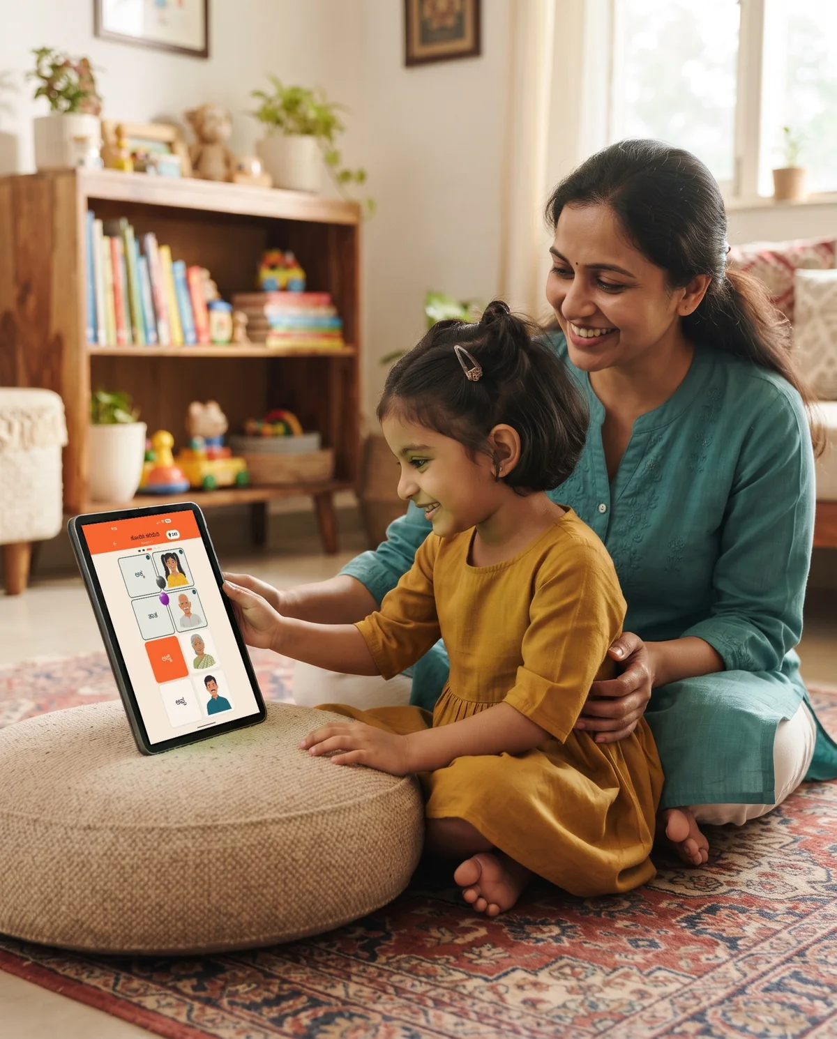 A mother and her five-year-old daughter on a living-room rug, playing the Kannada match game in Aksharamaala on an iPad